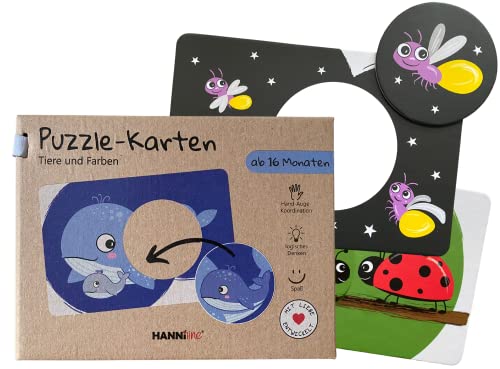HANNIline® Puzzle-Karten [Made in EU] 13 Karten 26 Elemente Tiere und Farben ab 16 Monaten Puzzle + Steckspiel Verpackung mit Schlaufe – Lernspiel Logisches Denken Hand-Auge-Koordination von HANNIline