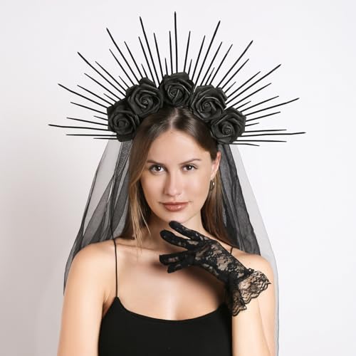 HANSAMU Halloween Gothic Heiligenschein Krone Blume Kopfschmuck mit schwarzem Schleier Sunburst Spike Krone Stirnband Haarschmuck für Frauen Mädchen Halloween Karneval Maskerade Party Cosplay Kostüm HANSAMU Halloween Gothic Heiligenschein Krone Blume Kopfschmuck mit schwarzem Schleier Sunburst Spike Krone Stirnband Haarschmuck für Frauen Mädchen Halloween Karneval Maskerade Party Cosplay Kostüm von HANSAMU