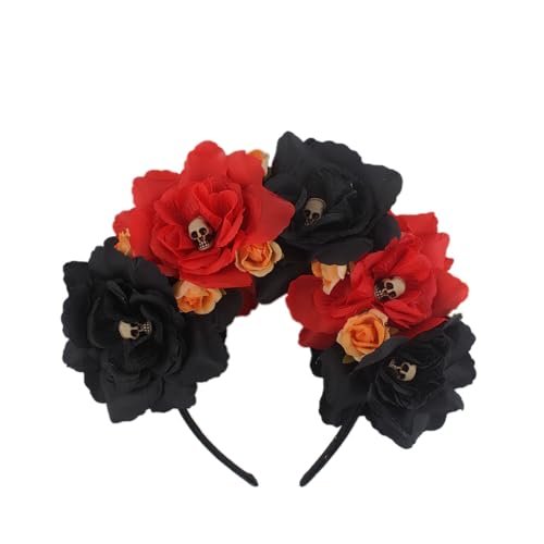 HANSAMU Totenkopf-Blumen-Haarreif, Rosenkrone, Kopfschmuck für Damen, Halloween, mexikanischer Tag der Toten, Party-Kostüm (Schwarz-Rot, Medium) von HANSAMU