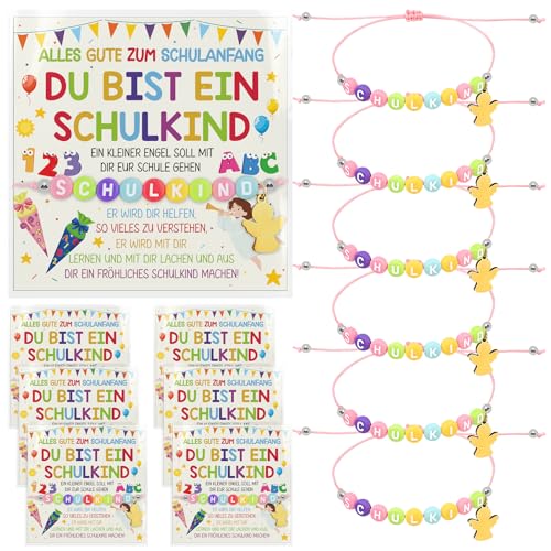 HAOWANWW 6 Stücke Einschulung Geschenk Armband, Schulkind Armband Mädchen Junge, Farbe Armbands Schulkind mit Anhänger Schutzengel,Schulanfang Armban-d,Schultüte Jungen, Schultüte Füllung Schulanfang von HAOWANWW