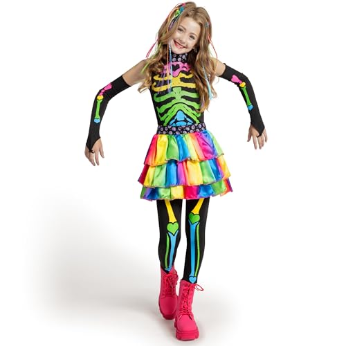 HAOZHENF Buntes Skelett Kostüm Kinder, Neon skelett kostüm kinder mit Faszinierend Haarverlängerungen, Halloween Kostüm Deluxe Grim Reaper Kostüme Set für Halloween Karneval Dress Up Partys von HAOZHENF