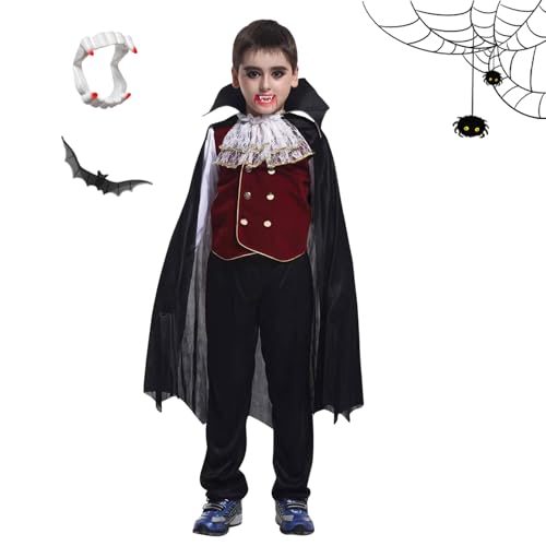 HAOZHENF Vampir Kostüm Kinder, Deluxe Set mit Umhang und Vampirzähnen, Vampir Kostüm Jungen, Gothic Dracula Kostümset für Halloween Karneval Fasching, Cosplay Verkleidung für Mottoparty von HAOZHENF