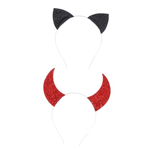 HAPINARY 2 Stück Kostüm Haarreif Teiliges mit Roter Teufelshorn und Schwarzem Katzenohren Stirnband Langlebiger und Bequemer Kopfschmuck für Karneval Party und Cosplay von HAPINARY