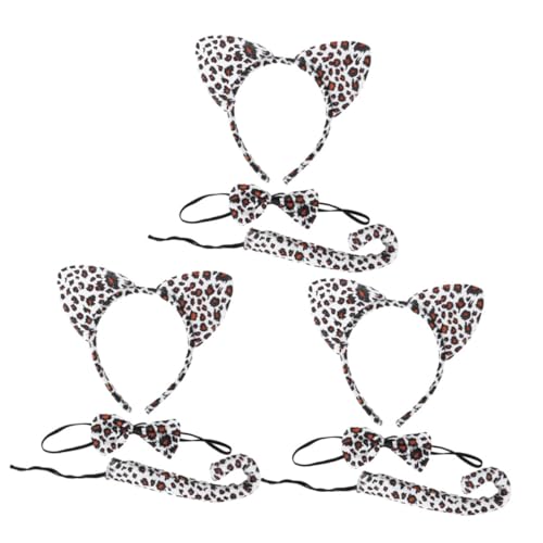 HAPINARY 3 Sätze Teiliges Katzenohren Stirnband Set mit Schleife und Katzenschwanz Weißes Leopardenmuster Tierkostüm Zubehör für Halloween Cosplay Fasching und Partyspaß von HAPINARY