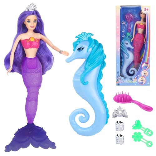 Color Change Magic Mermaid, Meerjungfrau-Puppe mit lila Haaren, Prinzessin-Meerjungfrau-Spielzeug mit Seepferdchen, Meerjungfrau-Geschenke, Spielzeug für Mädchen im Alter von 3–7 Jahren von HAPITOIZ