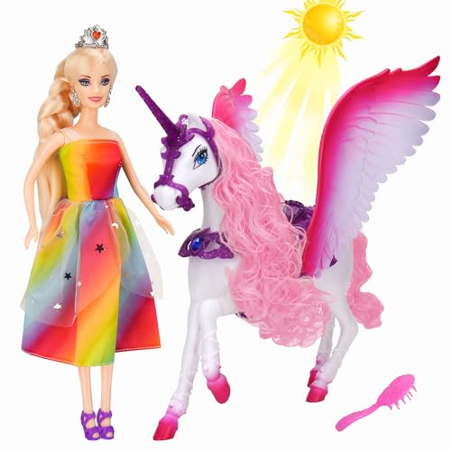 HAPITOIZ Color Changing Einhorn- und Prinzessinnen-Puppe mit Farbwechsel, Pegasus-Mähne ändert die Farbe, geflügeltes Pferdespielzeug, Prinzessinnen-Spielzeug, Einhorn-Geschenke für Mädchen im Alter von HAPITOIZ