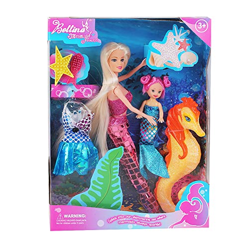 HAPITOIZ Mermaid Dolls Set, Prinzessin Meerjungfrau mit Kleiner Meerjungfrau und Seepferdchen und Puppenkleidung, Meerjungfrau-Spielzeug, Geschenke für Mädchen im Alter von 3, 4, 5, 6, 7, 8 Jahren von HAPITOIZ