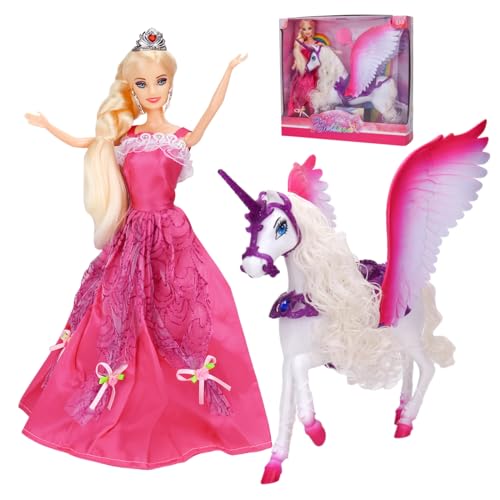 HAPITOIZ Princess Doll, Einhorn- und Prinzessinnen-Puppe mit Farbwechsel, Pegasus-Mähne ändert die Farbe, geflügeltes Pferdespielzeug, Prinzessinnen-Spielzeug, Einhorn-Geschenke für Mädchen im Alter von HAPITOIZ