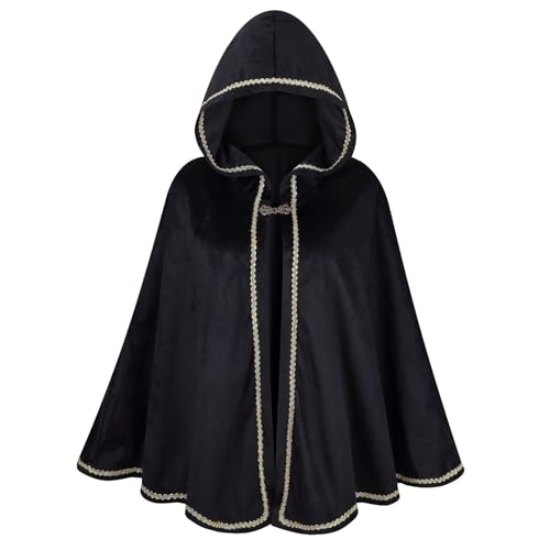 HAPNBCELE Damen-Samt-Umhang mit Kapuze, Renaissance, Mittelalterlicher Kapuzenumhang für Damen, Halloween-Kapuzenumhang mit Metallschlaufenverschluss (Spitze, schwarz, 65 cm) von HAPNBCELE