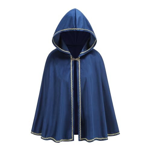HAPNBCELE Damen-Samt-Umhang mit Kapuze, Renaissance-Mittelalter-Kapuzenumhang für Damen, Halloween-Kapuzenumhang mit Metallschlaufenverschluss (Lace Blue, 65 cm) von HAPNBCELE