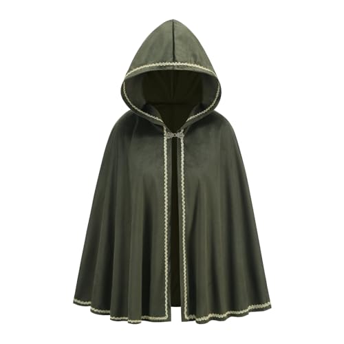 HAPNBCELE Damen-Samt-Umhang mit Kapuze, Renaissance-Mittelalter-Kapuzenumhang für Damen, Halloween-Kapuzenumhang mit Metallschlaufenverschluss (Lace Green, 65 cm) von HAPNBCELE