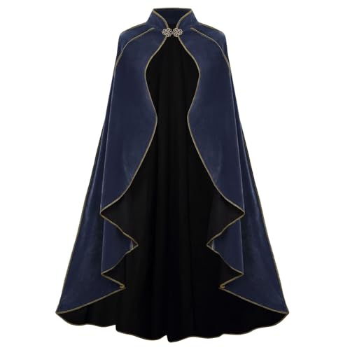 HAPNBCELE Damen-Samt-Umhang mit Kapuze, Renaissance-Mittelalter-Kapuzenumhang für Damen, Halloween-Kapuzenumhang mit Metallschlaufenverschluss (gewellter Rand, Blaugrau, 110 cm) von HAPNBCELE