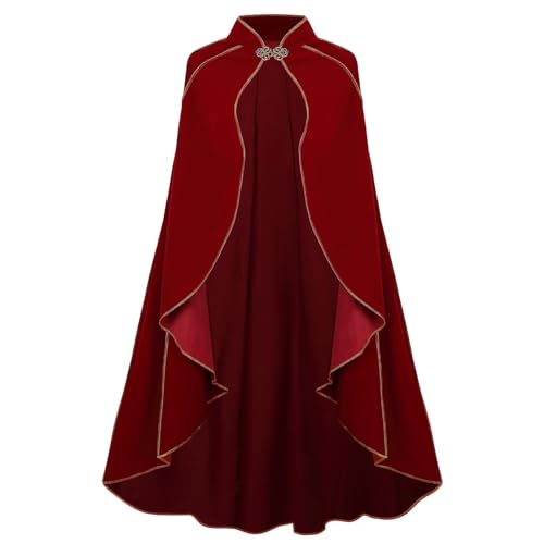 HAPNBCELE Damen-Samt-Umhang mit Kapuze, Renaissance-Mittelalter-Kapuzenumhang für Damen, Halloween-Kapuzenumhang mit Metallschlaufenverschluss (gewellter Rand, Dunkelrot, 110 cm) von HAPNBCELE