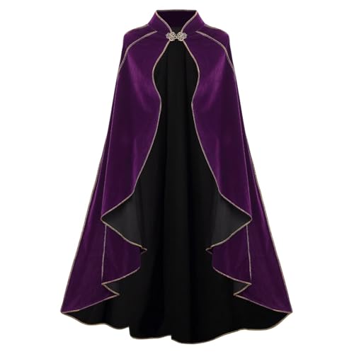 HAPNBCELE Damen-Samt-Umhang mit Kapuze, Renaissance-Mittelalter-Kapuzenumhang für Damen, Halloween-Kapuzenumhang mit Metallschlaufenverschluss (gewellter Rand, Violett, 110 cm) von HAPNBCELE