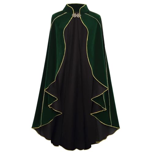 HAPNBCELE Damen-Samt-Umhang mit Kapuze, Renaissance-Mittelalter-Kapuzenumhang für Damen, Halloween-Kapuzenumhang mit Metallschlaufenverschluss (gewellter Rand, grün, 55 cm) von HAPNBCELE