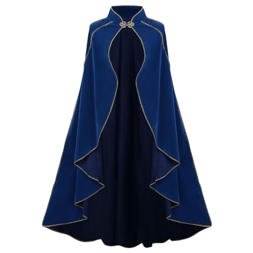 HAPNBCELE Damen-Samt-Umhang mit Kapuze, Renaissance-Mittelalter-Kapuzenumhang für Damen, Halloween-Kapuzenumhang mit Metallschlaufenverschluss (gewellter Rand, hellblau, 110 cm) von HAPNBCELE