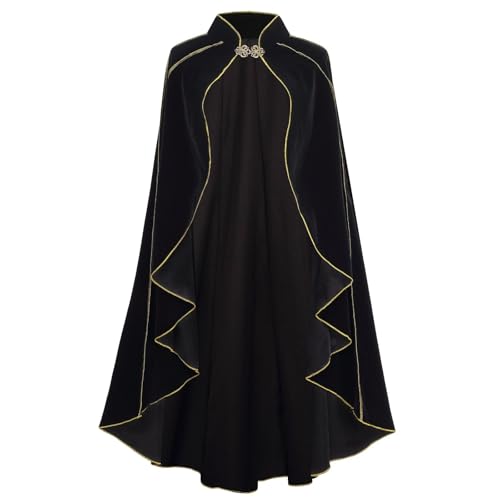 HAPNBCELE Damen-Samt-Umhang mit Kapuze, Renaissance-Mittelalter-Kapuzenumhang für Damen, Halloween-Kapuzenumhang mit Metallschlaufenverschluss (gewellter Rand, schwarz, 110 cm) von HAPNBCELE