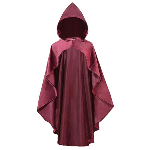 HAPNBCELE Damen-Samt-Umhang mit Kapuze, Renaissance-Mittelalter-Kapuzenumhang für Damen, Halloween-Kapuzenumhang mit Metallschlaufenverschluss (hohlrot, 90 cm) von HAPNBCELE