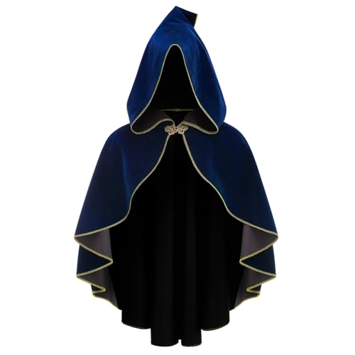 HAPNBCELE Damen Samtumhang mit Kapuze, Renaissance Mittelalter Kapuzenumhang für Frauen, Halloween Kapuzenumhang mit Metallschlaufenverschluss, gewellter Rand, blau, 55 cm von HAPNBCELE