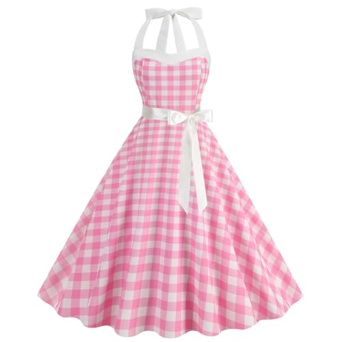 HAPNBCELE Damenkleid für Erwachsene, 50er-Jahre, gepunktetes Muster, Vintage, Cocktailparty, Kostüm, kariert, Rosa, Größe L von HAPNBCELE