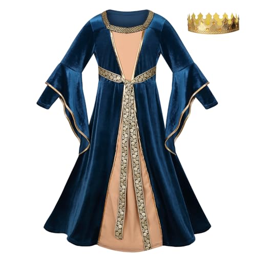 HAPNBCELE Kinderkostüm Welttag der Buchwoche, Mittelalter-Prinzessinnenkostüm (blauer Samtgürtel, 4–6 Jahre) von HAPNBCELE