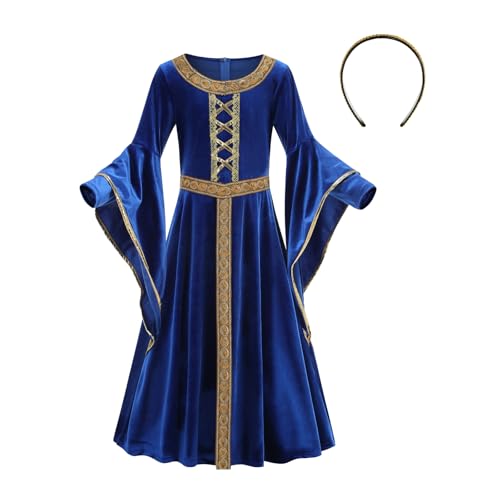 HAPNBCELE Kinderkostüm Welttag der Buchwoche, Mittelalterliches Prinzessinnen-Kostüm (goldener Gürtel, Blau, Größe XL) von HAPNBCELE