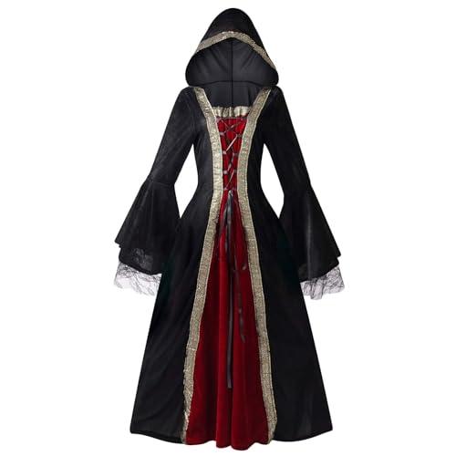 HAPNBCELE Langes Damenkleid mit Kapuze, Retro, Mittelalter, Renaissance-Stil, Gothic-Kostüm mit ausgestellten Ärmeln, klassisches Schwarz und Rot, Größe XL HAPNBCELE Langes Damenkleid mit Kapuze, Retro, Mittelalter, Renaissance-Stil, Gothic-Kostüm mit ausgestellten Ärmeln, klassisches Schwarz und Rot, Größe XL von HAPNBCELE