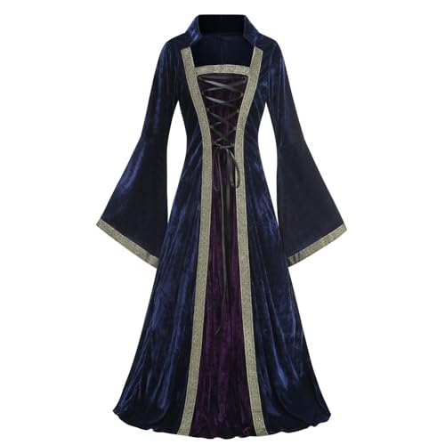 HAPNBCELE Langes Damenkleid mit Kapuze, Retro, Mittelalter, Renaissance-Stil, Gothic-Kostüm mit ausgestellten Ärmeln (Stehkragen, Blau/Violett, Größe XX-Large) von HAPNBCELE