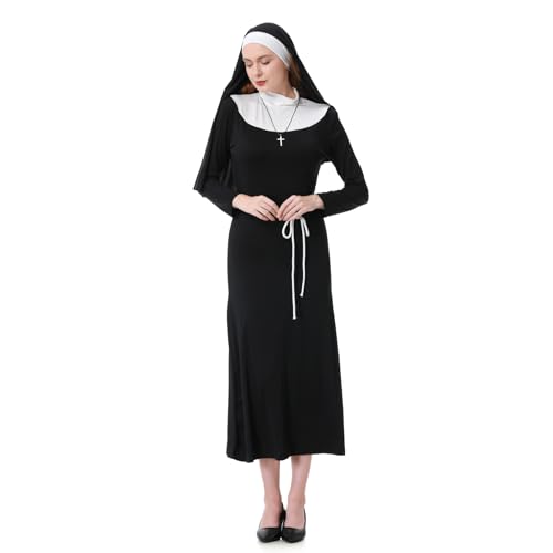 HAPNBCELE Nonnenkostüm für Erwachsene, traditionelles Nonnenkostüm, Kleid enthält Zubehör, Kreuz-Halskette, Hut, Halloween-Motto-Party-Kostüm (Schwarz, C, 2XL) von HAPNBCELE