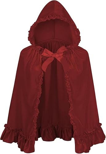 HAPNBCELE Rotkäppchen für Damen, gepaart mit einem Umhang, ist perfekt für Halloween und Rollenspiele, mit einem märchenhaften roten Samt-Reitumhang (Blumengruppe weinrot, 70 cm) von HAPNBCELE