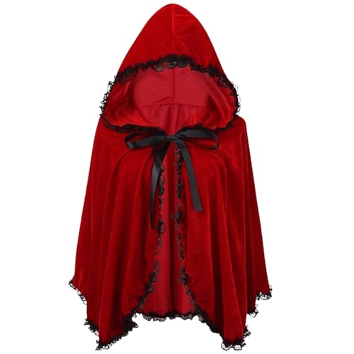 HAPNBCELE Rotkäppchen für Damen, gepaart mit einem Umhang, ist perfekt für Halloween und Rollenspiele, mit einem märchenhaften roten Samt-Reitumhang (schwarze Spitze, rot, 65 cm) von HAPNBCELE