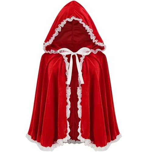 HAPNBCELE Rotkäppchen für Damen, gepaart mit einem Umhang, ist perfekt für Halloween und Rollenspiele, mit einem märchenhaften roten Samt-Reitumhang (weiße Spitze, rot, 60 cm) von HAPNBCELE