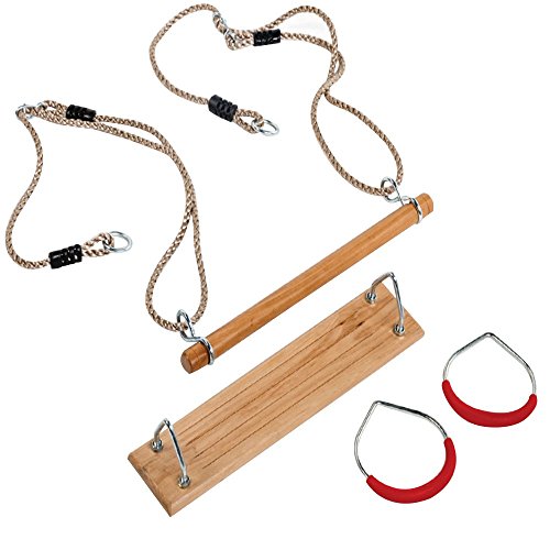 HAPPY PIE PLAY&ADVENTURE HappyPie Holztrapez mit Kunststoff-Stahlturnringen rot und Hartholzschaukel, 3-in-1 Spielplatz-Schaukel-Set von HAPPY PIE PLAY&ADVENTURE