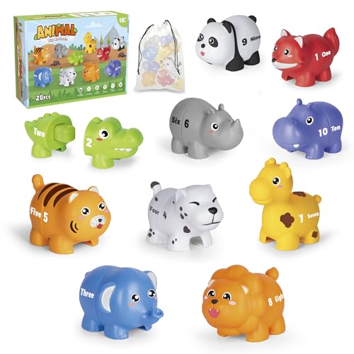 Lernspielzeug für 2 3 4 Jahre Alt, 20 Pcs Nummer Matching Game mit Digital Englisch, 10 Verschiedene Tierfiguren, Vorschule Aktivitäten Montessori Feinmotorik Spielzeug für Kleinkinder Kinder von HAPPYMATE