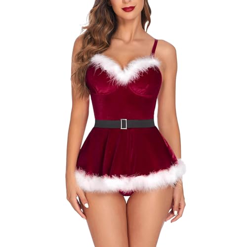 HAQUOS Damen Weihnachten Lingerie - Sexy Nachthemd Hohl Weihnachten Reizwäsche Outfits Bodydoll Weihnachten Cosplay X-Mas Outfit Weihnachtskostüm Erwachsene Sexy Dessous Weihnachtsmann Nachtwäsche von HAQUOS