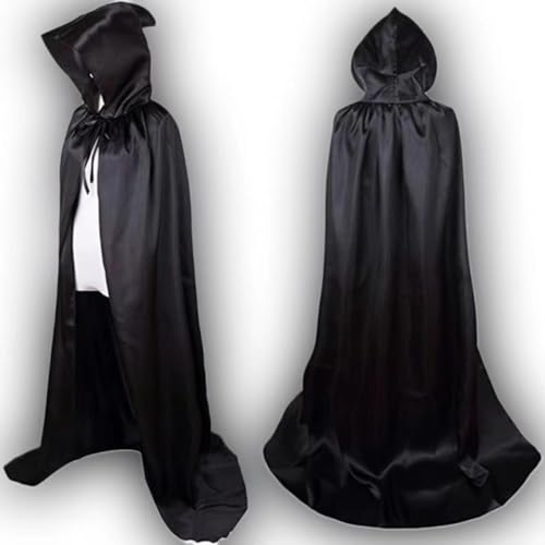 Schwarzer Lang Grim Reaper Umhang, Kapuzenumhang mit Hakenkapuze für Halloween, Cosplay Party Fancy Dress, Maskenball Rollenspielkostüme für Erwachsene(170CM) von HATFRYF