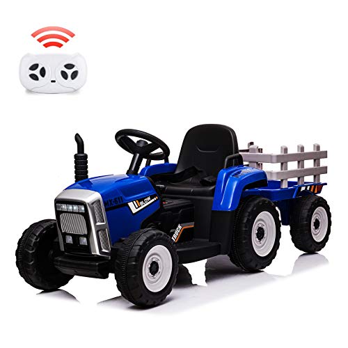 12-V-Batteriebetriebener Elektrotraktor mit Anhänger, Aufsitzauto für Kleinkinder mit Fernbedienung, 7-LED-Scheinwerfern, 2+1-Gangschaltung, MP3-Player, USB-Anschluss – Dunkelblau von HAUSPROFI