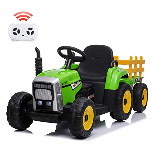12-V-Batteriebetriebener Elektrotraktor mit Anhänger, Aufsitzauto für Kleinkinder mit Fernbedienung, 7-LED-Scheinwerfern, 2+1-Gangschaltung, MP3-Player, USB-Anschluss – Grün von HAUSPROFI
