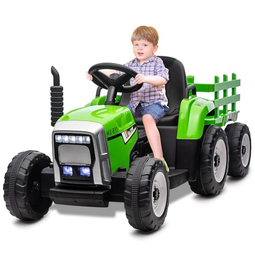 HAUSPROFI 12V 3-Gang Kinder Elektroauto mit Anhänger, Elektro Traktor 2 Fahrmodi, 2,4G-Fernbedienung, Kinder Traktor LED-Licht, Bluetooth, Musik, USB, Elektrischer Traktor für kinder ab 3 Jahren, Grün von HAUSPROFI