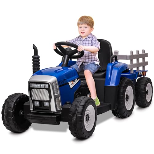 HAUSPROFI 12V 3-Gang Kinder Elektroauto mit Anhänger, Elektro Traktor 2 Fahrmodi, 2,4G-Fernbedienung, Kinder Traktor LED-Licht, Bluetooth, Musik, USB, Elektrischer Traktor für kinder ab 3 Jahren, Blau von HAUSPROFI