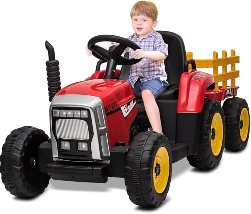 HAUSPROFI 12V Elektroauto mit Anhänger, 3-Gang Elektrotraktor 2 Fahrmodi, 2,4G-Fernbedienung, Kinder Traktor LED-Licht, Bluetooth, Musik, USB, Elektrischer Traktor für Kinder ab 3 Jahren, Rot von HAUSPROFI