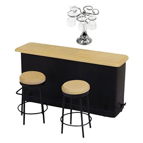HAWILLOSCH Miniatur Puppenhaus Bar Set Silberner Mini Cup Holder mit Quadratischen Gläsern Bartheke und Barhockern Detailreiches Puppenhaus Zubehör für Miniatur Wohn und Spielwelten von HAWILLOSCH