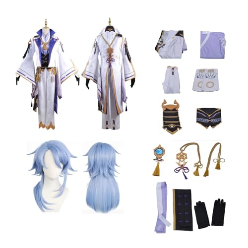 HBQC Spiel Genshin Impact Cosplay Kostüm-Rolle Kamisato Ayato Cosplay Uniform Komplett Set Cosplay Outfit Für Comic Con, Halloween Und Anime Conventions Full Set Zubehör Mit Perücke von HBQC