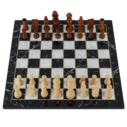 HBS GAMES Schwarzer Marmor Design Klassisches Schachspiel aus Holz 37 cm Schach und Dame Spiel Chess Board Set Perfektes Familienspiel mit Handgefertigtes Hochwertiges Schachbrett von HBS GAMES