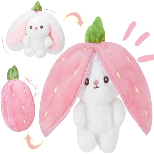 HBSFBH Hasen Verstecken, Erdbeerhasen Kissen Plüschtier, Osterhase Plüschtier, Plush Hasen Erdbeeren, Osterhase Plüsch Kuscheltie, Osterhase Plüschtiere, Erdbeeren Kaninchen Plüschtiere,Ostergeschenke von HBSFBH