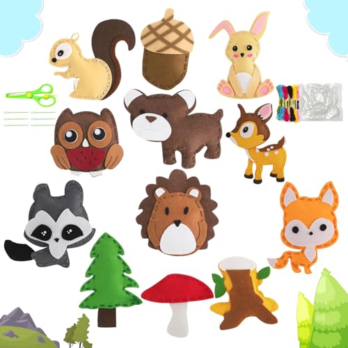 HBSFBH Nähset Für Kinder, 12 Stück DIY Nähset Kinder Tierformen, Filz Waldtiere Bastelset Kinde, Tiere N-ähen Bastelset, Sewing Kit For Kids, Waldtier Nä-hset Kinde, Geschenke für Jungen und Mädchen von HBSFBH