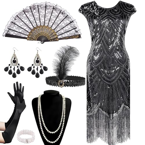 20er Jahre Kleider Damen, Pailletten Fransen Kleid, mit 20er Jahre Accessoires, Flapper Kleid, Faschingskostüme Damen, Charleston Kleid, Karneval Kostüm Damen, Vintage 1920er Kostüm Kleider (A, L) von HBWHNIU