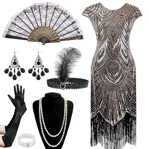20er Jahre Kleider Damen, Pailletten Fransen Kleid, mit 20er Jahre Accessoires, Flapper Kleid, Faschingskostüme Damen, Charleston Kleid, Karneval Kostüm Damen, Vintage 1920er Kostüm Kleider (B, L) von HBWHNIU