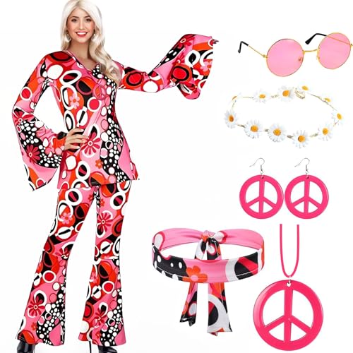70er Jahre Hippie Kostüm Damen, Rosa Hippie Kleidung, Disco Outfit, Hippie Oberteil, Boho Schlaghose, Stirnband, Halskette, Ohrringe, Sonnenbrille, Hippie Bekleidung, Faschingskostüme für Frauen (XXL) 70er Jahre Hippie Kostüm Damen, Rosa Hippie Kleidung, Disco Outfit, Hippie Oberteil, Boho Schlaghose, Stirnband, Halskette, Ohrringe, Sonnenbrille, Hippie Bekleidung, Faschingskostüme für Frauen (XXL) von HBWHNIU