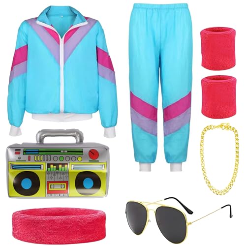 90er 80er Jahre Outfit Herren, 80er Jahre Trainingsanzug Erwachsene,Jacke Hose Anzug und Accessoire, Jogginganzug, Retro Anzug Herren Damen, Bad Taste Kostüm für Karneval Fasching Mottoparty (L) von HBWHNIU